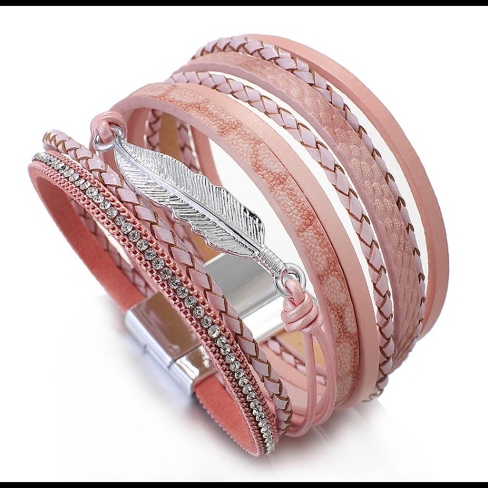 Pink Multilayer Leaf Pendant Leather Bracelet